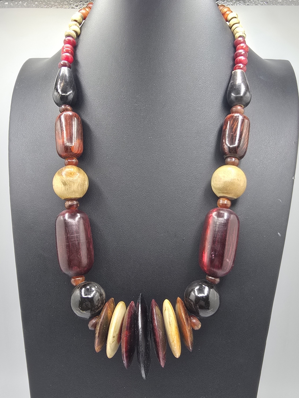 Wood Bead Necklace Multicolor Statement Chunky Disc Graduated Boho Vintage 24"